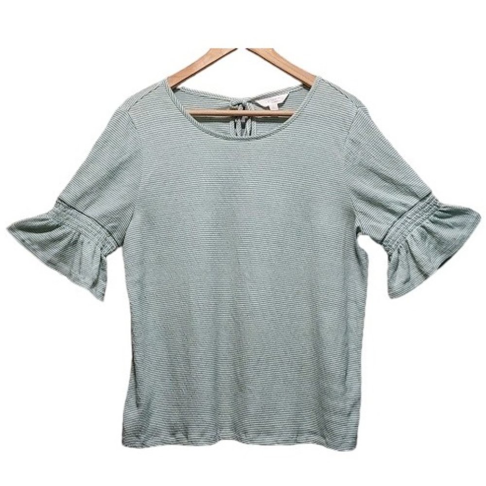 Lauren Conrad Green Stripe Ruffle Half Sleeve Keyhole Back Tie Knit Top Sz Large